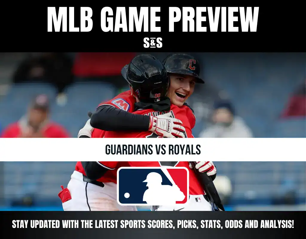 MLB Game Preview for Guardians vs Royals, featuring two players celebrating with a hug.
