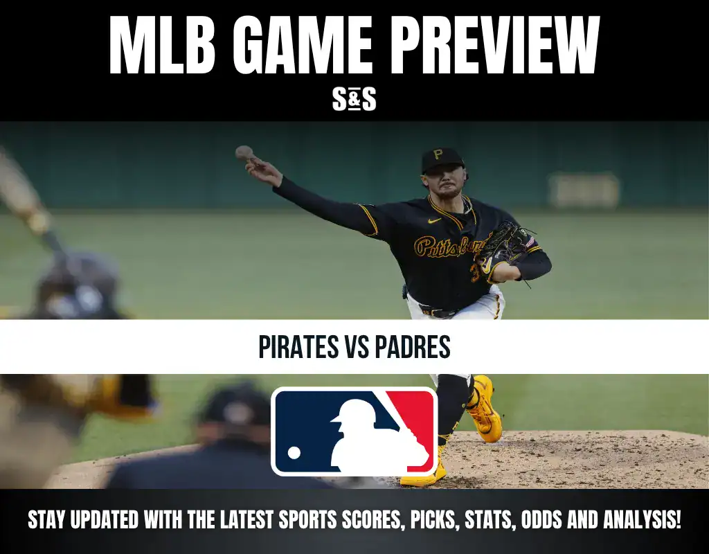 MLB GAME PREVIEW with a focus on the Pittsburgh Pirates vs. San Diego Padres game, featuring an image of a pitcher in action.