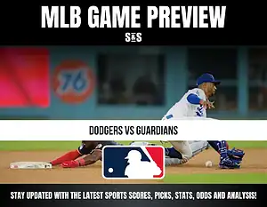 Baseball game preview for Dodgers vs Guardians with a sliding player and MLB logo on a field background.