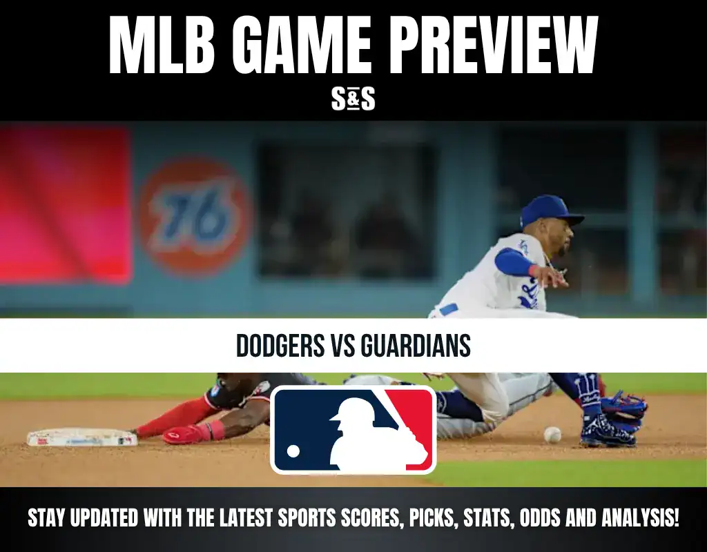 Baseball game preview for Dodgers vs Guardians with a sliding player and MLB logo on a field background.