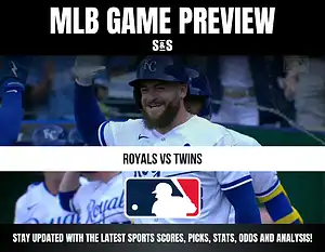 MLB game preview for Royals vs Twins featuring players in action and a call to stay updated on scores, picks, stats, odds, and analysis.
