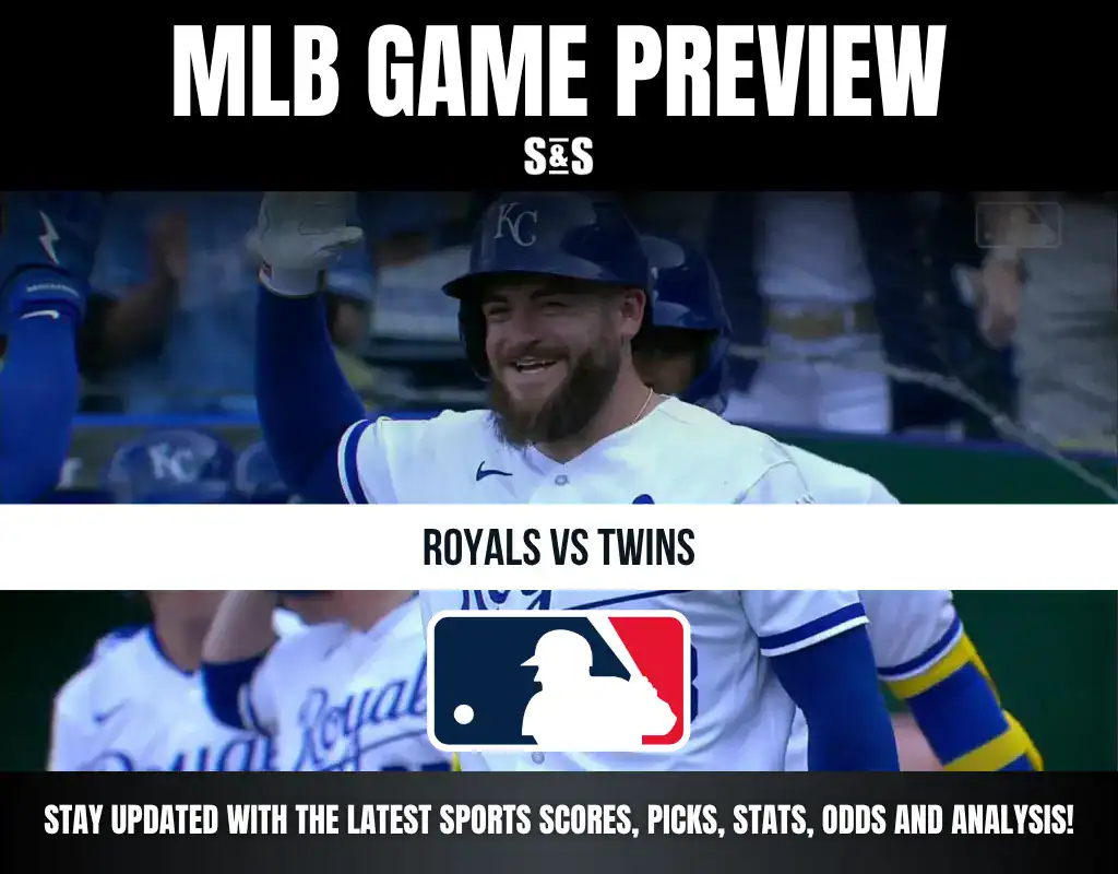 MLB game preview for Royals vs Twins featuring players in action and a call to stay updated on scores, picks, stats, odds, and analysis.