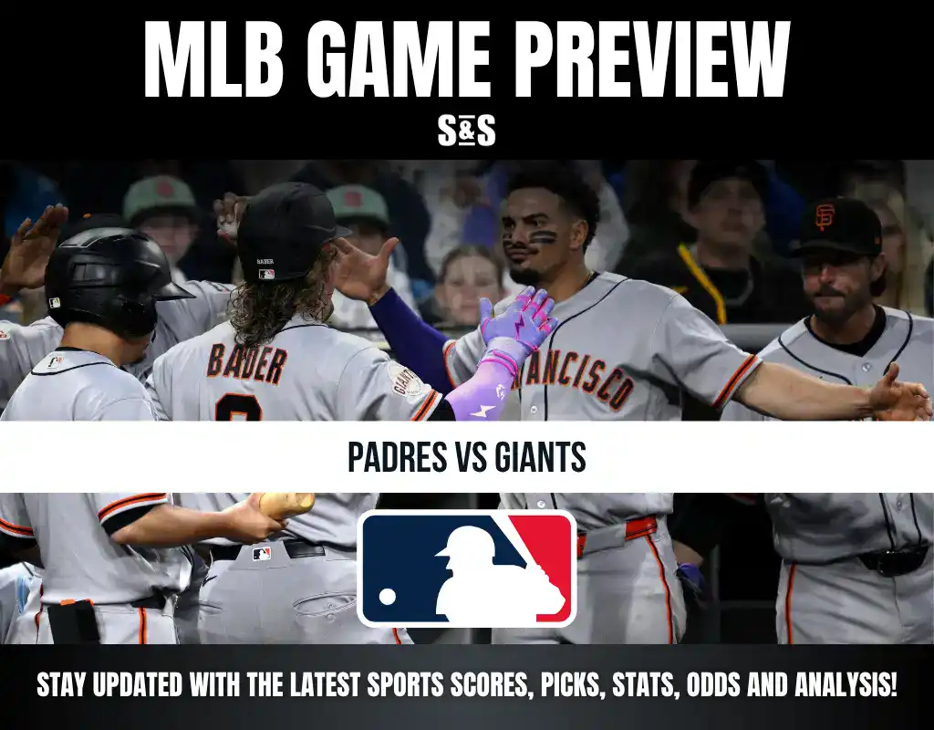 MLB game preview banner featuring San Francisco Giants players celebrating, promoting Padres vs Giants matchup and latest sports updates.