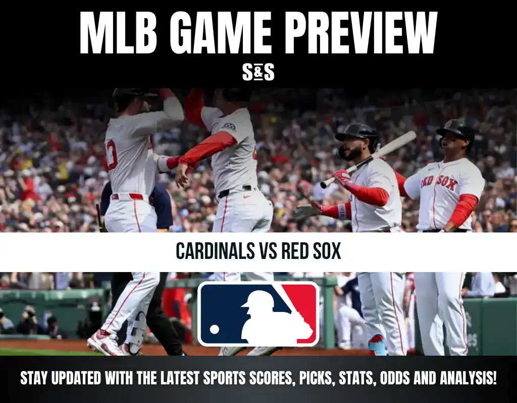 MLB Game Preview featuring the Cardinals vs. Red Sox with a call to stay updated on sports scores, picks, stats, odds, and analysis.