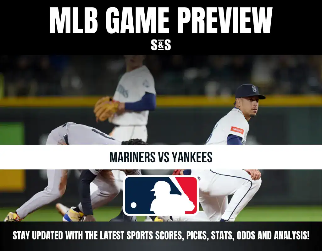 MLB game preview for Mariners vs Yankees with players in action on the field and MLB logo, including updates on scores, picks, stats, and analysis.