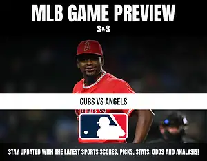 MLB game preview featuring Cubs vs Angels with a player in red Angels uniform, MLB logo, and text about scores, picks, stats, odds, and analysis.