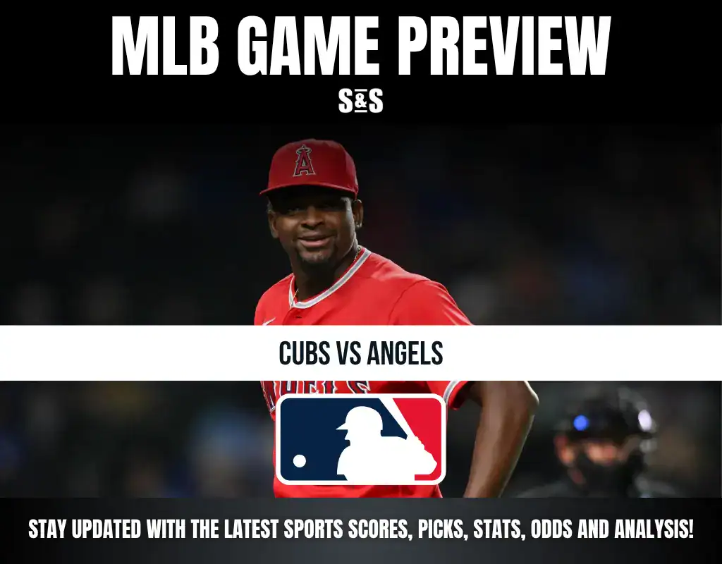 MLB game preview featuring Cubs vs Angels with a player in red Angels uniform, MLB logo, and text about scores, picks, stats, odds, and analysis.