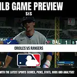 MLB game preview graphic featuring a matchup between the Orioles and Rangers, with score details and player statistics displayed.
