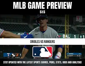 MLB game preview graphic featuring a matchup between the Orioles and Rangers, with score details and player statistics displayed.