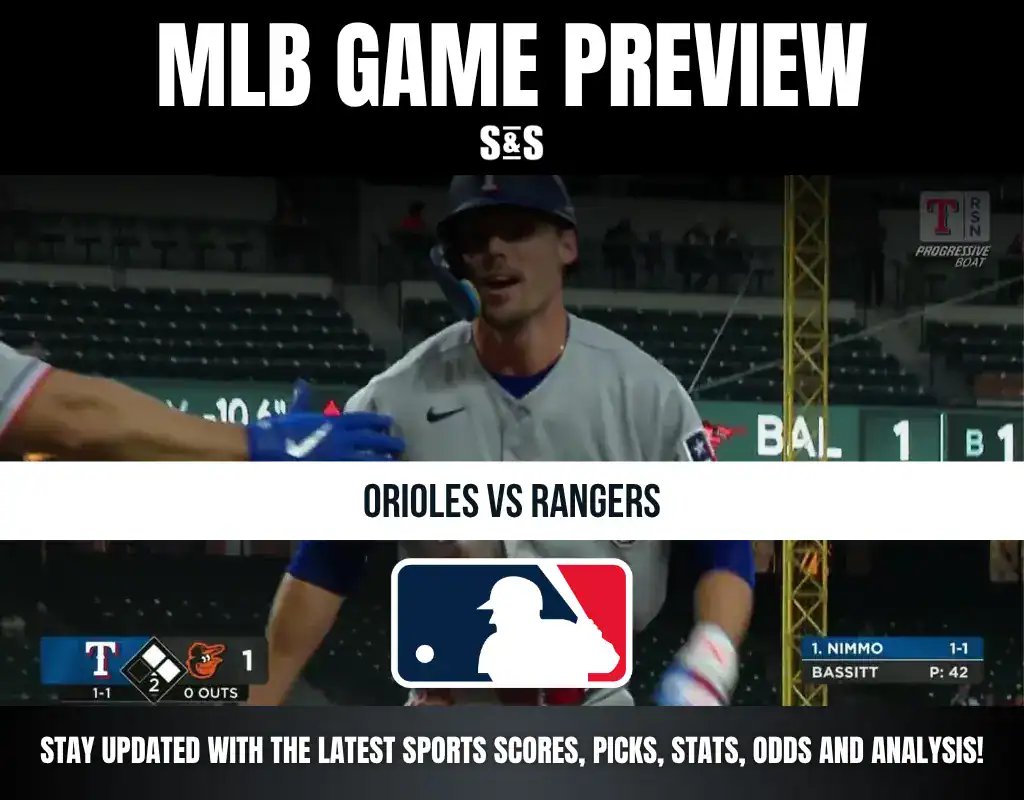 MLB game preview graphic featuring a matchup between the Orioles and Rangers, with score details and player statistics displayed.