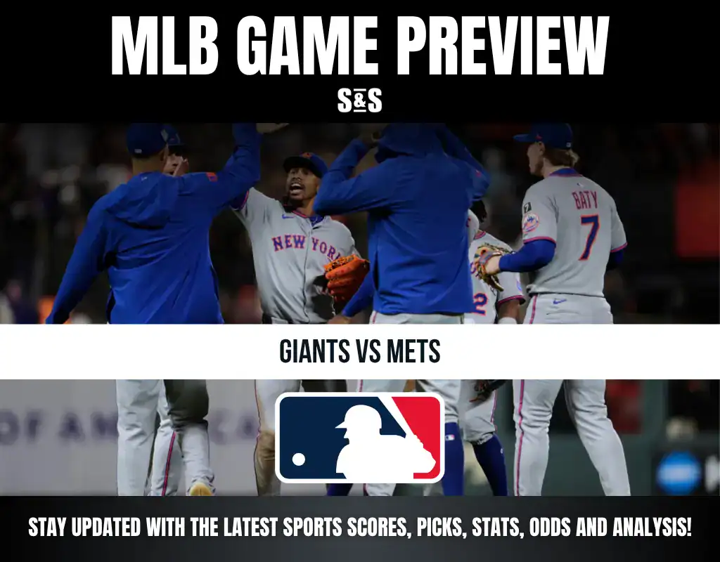MLB Game Preview for Giants vs Mets with a group of players celebrating in the background.