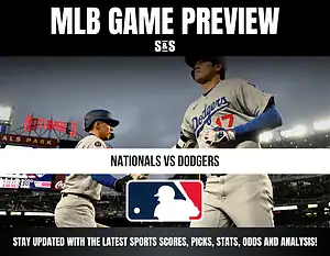 MLB game preview image showing Dodgers players at Nationals Park, featuring Nationals vs Dodgers matchup and MLB logo.