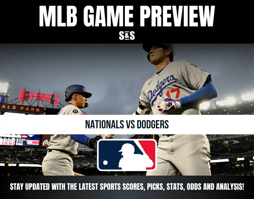 MLB game preview image showing Dodgers players at Nationals Park, featuring Nationals vs Dodgers matchup and MLB logo.