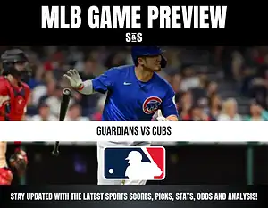 MLB game preview for Guardians vs Cubs featuring a batter in blue Cubs uniform swinging at a pitch during a baseball game.