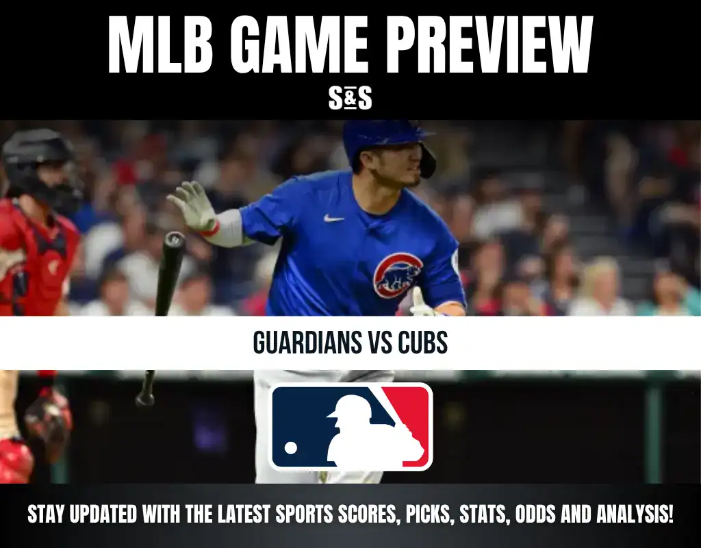 MLB game preview for Guardians vs Cubs featuring a batter in blue Cubs uniform swinging at a pitch during a baseball game.
