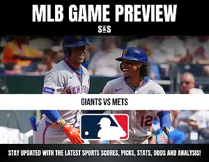 MLB game preview for Giants vs Mets featuring two Mets players in uniform during a game, with MLB logo and update prompts.