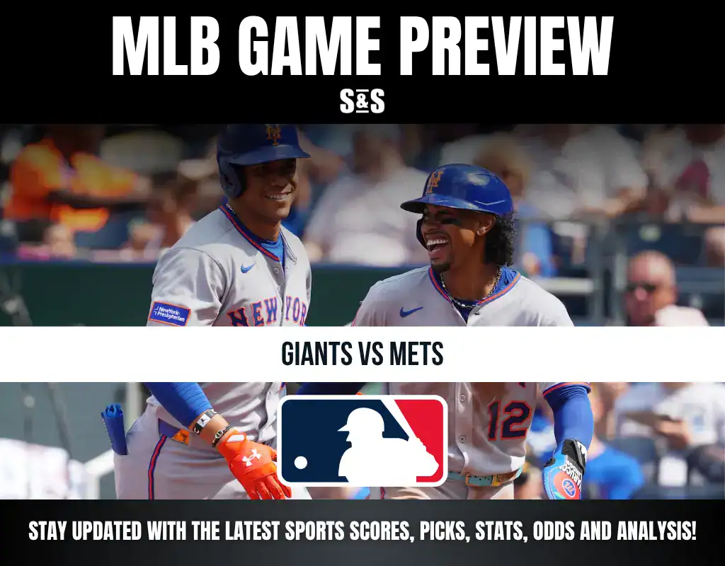 MLB game preview for Giants vs Mets featuring two Mets players in uniform during a game, with MLB logo and update prompts.
