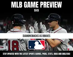 Two MLB players in helmets and white jerseys high-five during a Diamondbacks vs Braves game preview graphic.