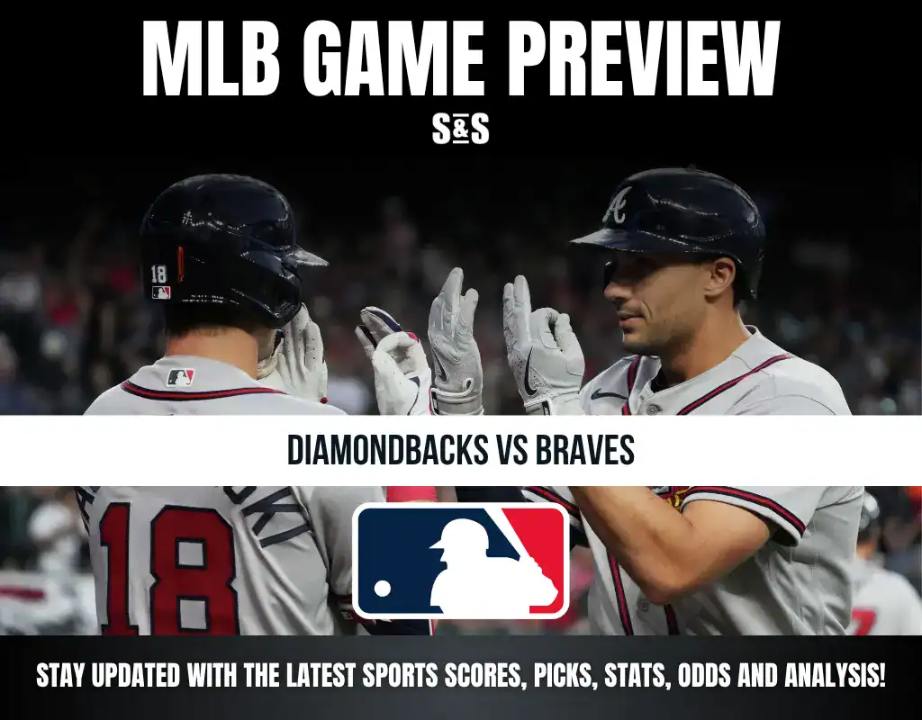 Two MLB players in helmets and white jerseys high-five during a Diamondbacks vs Braves game preview graphic.