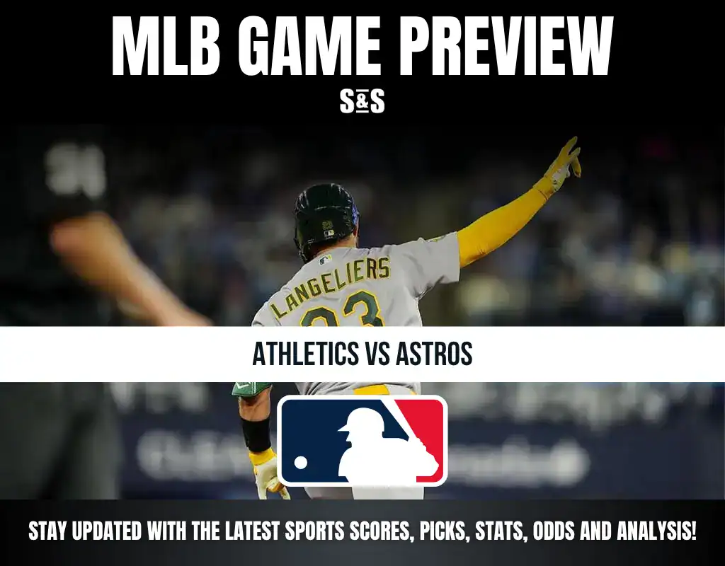MLB game preview graphic featuring Athletics vs Astros with a baseball player celebrating and MLB logo.