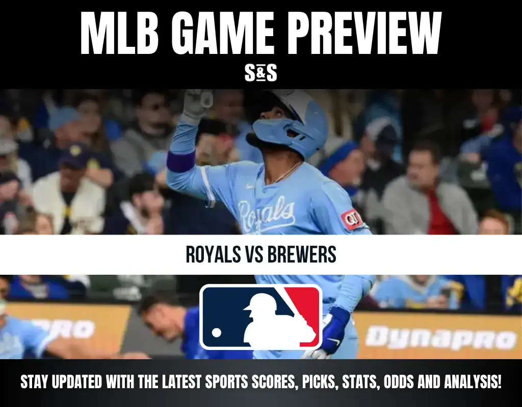 MLB Game Preview graphic featuring the Kansas City Royals versus the Milwaukee Brewers, including text to stay updated with the latest sports scores, picks, stats, odds, and analysis.