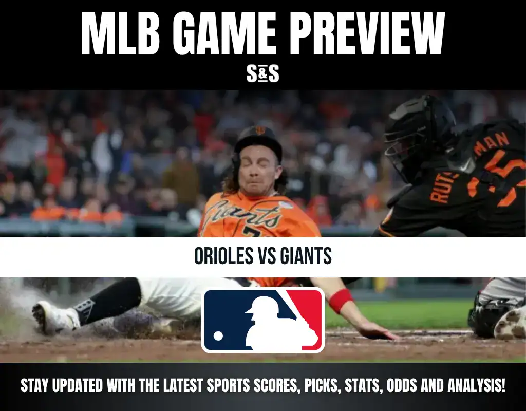 MLB Game Preview featuring the matchup between Orioles and Giants, with a slide showing a player sliding into home plate and the MLB logo at the bottom.