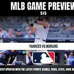 MLB Game Preview featuring the Yankees vs Marlins with a baseball graphic at the bottom.