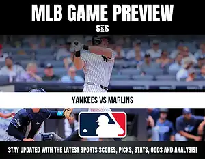 MLB Game Preview featuring the Yankees vs Marlins with a baseball graphic at the bottom.