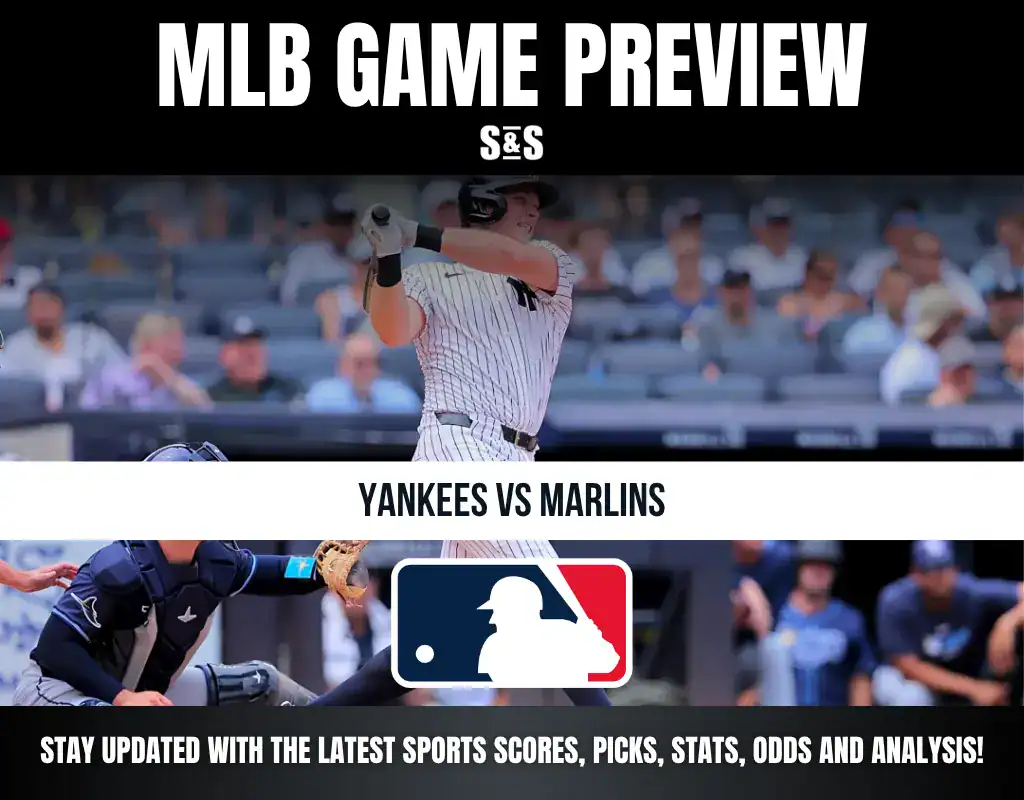 MLB Game Preview featuring the Yankees vs Marlins with a baseball graphic at the bottom.