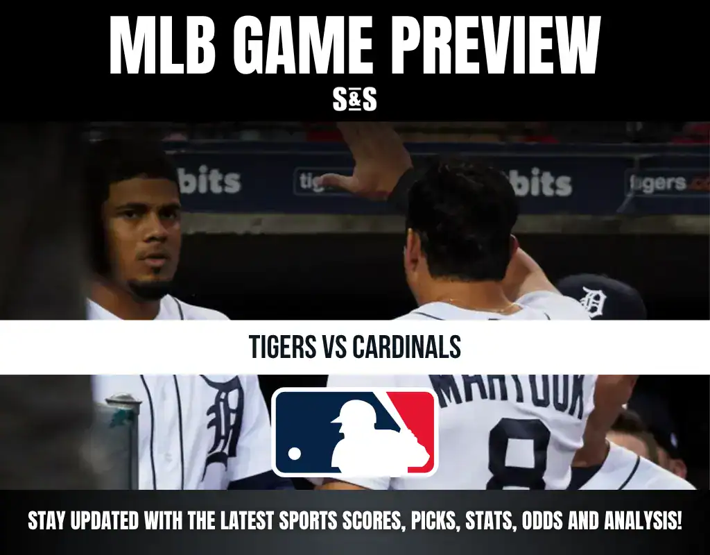 MLB Game Preview featuring Tigers vs Cardinals, including a logo of Major League Baseball.