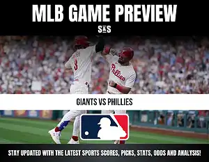 Baseball players from the Phillies celebrate during a game preview for Giants vs Phillies with MLB logo and sports update text.