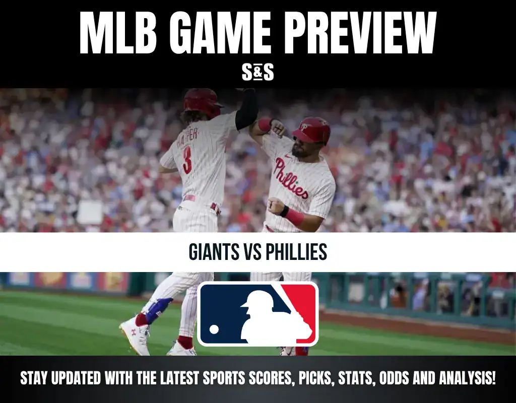 Baseball players from the Phillies celebrate during a game preview for Giants vs Phillies with MLB logo and sports update text.