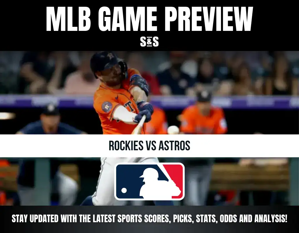 Alt text: MLB game preview for Rockies vs Astros featuring a batter in an orange Astros uniform swinging at a pitch.