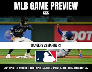 MLB game preview for Rangers vs Mariners with image of Mariners player fielding a ball and Rangers player sliding into base.