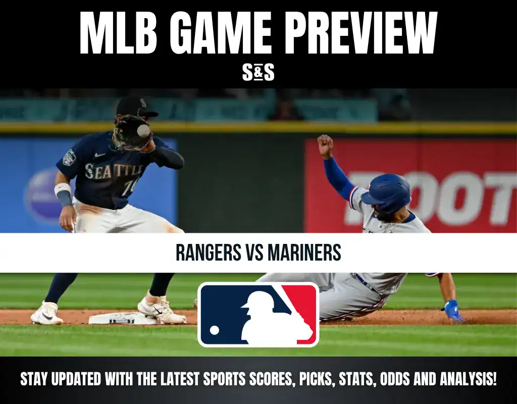 MLB game preview for Rangers vs Mariners with image of Mariners player fielding a ball and Rangers player sliding into base.