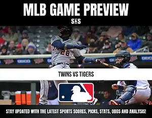 Baseball game preview for Twins vs Tigers showing a batter swinging and a catcher in action during an MLB game.