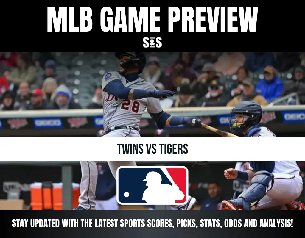Baseball game preview for Twins vs Tigers showing a batter swinging and a catcher in action during an MLB game.
