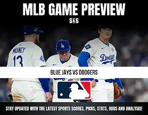 MLB game preview graphic featuring Los Angeles Dodgers players with text about Blue Jays vs Dodgers matchup and league logo.