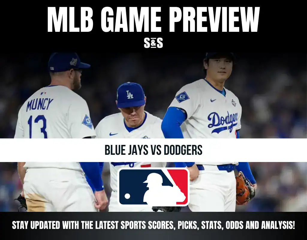 MLB game preview graphic featuring Los Angeles Dodgers players with text about Blue Jays vs Dodgers matchup and league logo.