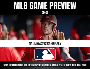 MLB Game Preview featuring Nationals vs Cardinals, with a call to stay updated on the latest sports scores, picks, stats, odds, and analysis.