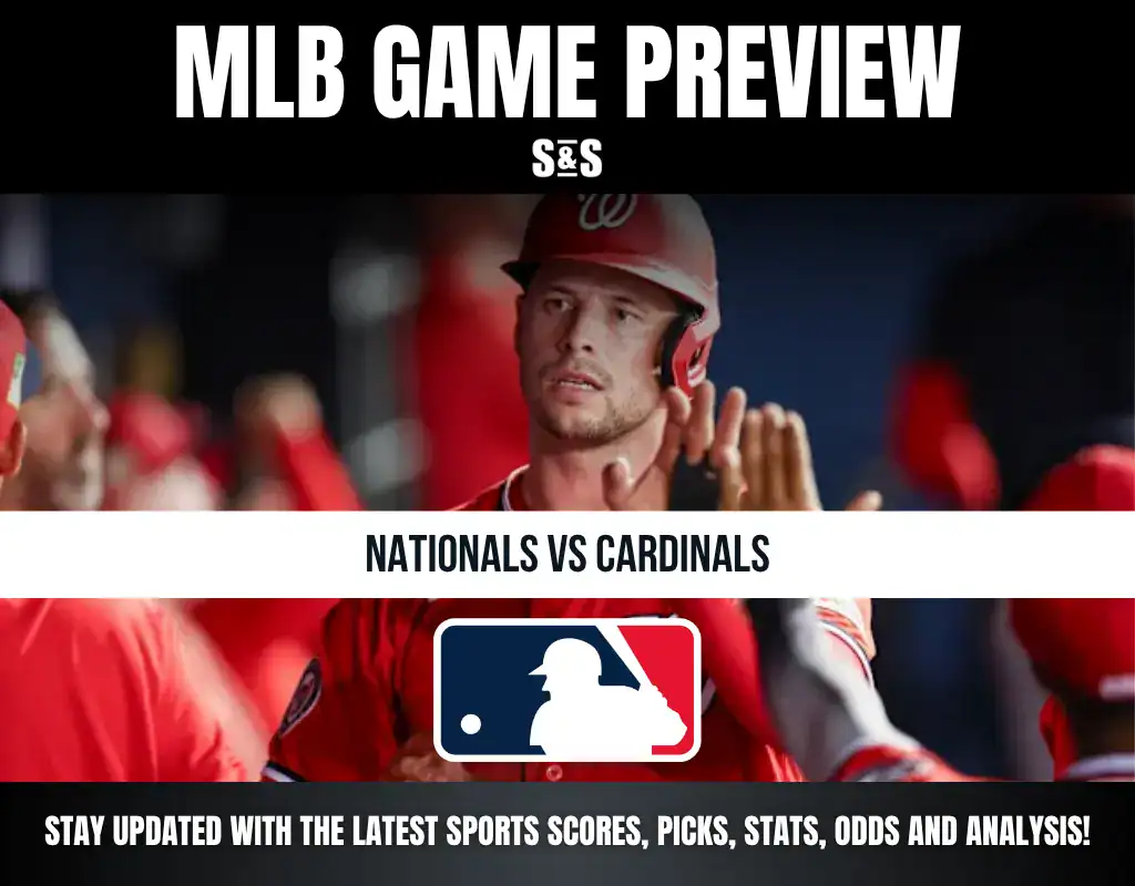 MLB Game Preview featuring Nationals vs Cardinals, with a call to stay updated on the latest sports scores, picks, stats, odds, and analysis.