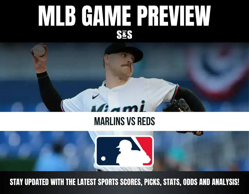 MLB Game Preview featuring a player from the Miami Marlins pitching against the Cincinnati Reds.