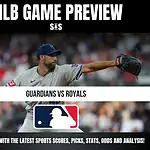 MLB Game Preview featuring a pitcher in action for the Guardians vs Royals, with a logo of Major League Baseball at the bottom.