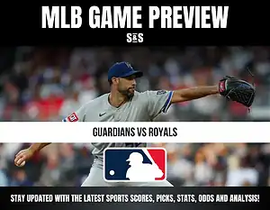 MLB Game Preview featuring a pitcher in action for the Guardians vs Royals, with a logo of Major League Baseball at the bottom.