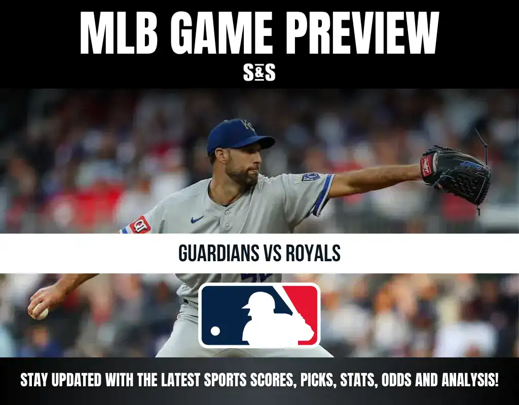 MLB Game Preview featuring a pitcher in action for the Guardians vs Royals, with a logo of Major League Baseball at the bottom.