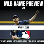 MLB Game Preview featuring a matchup between the Rays and Cubs, with a note to stay updated on sports scores, picks, stats, odds, and analysis.