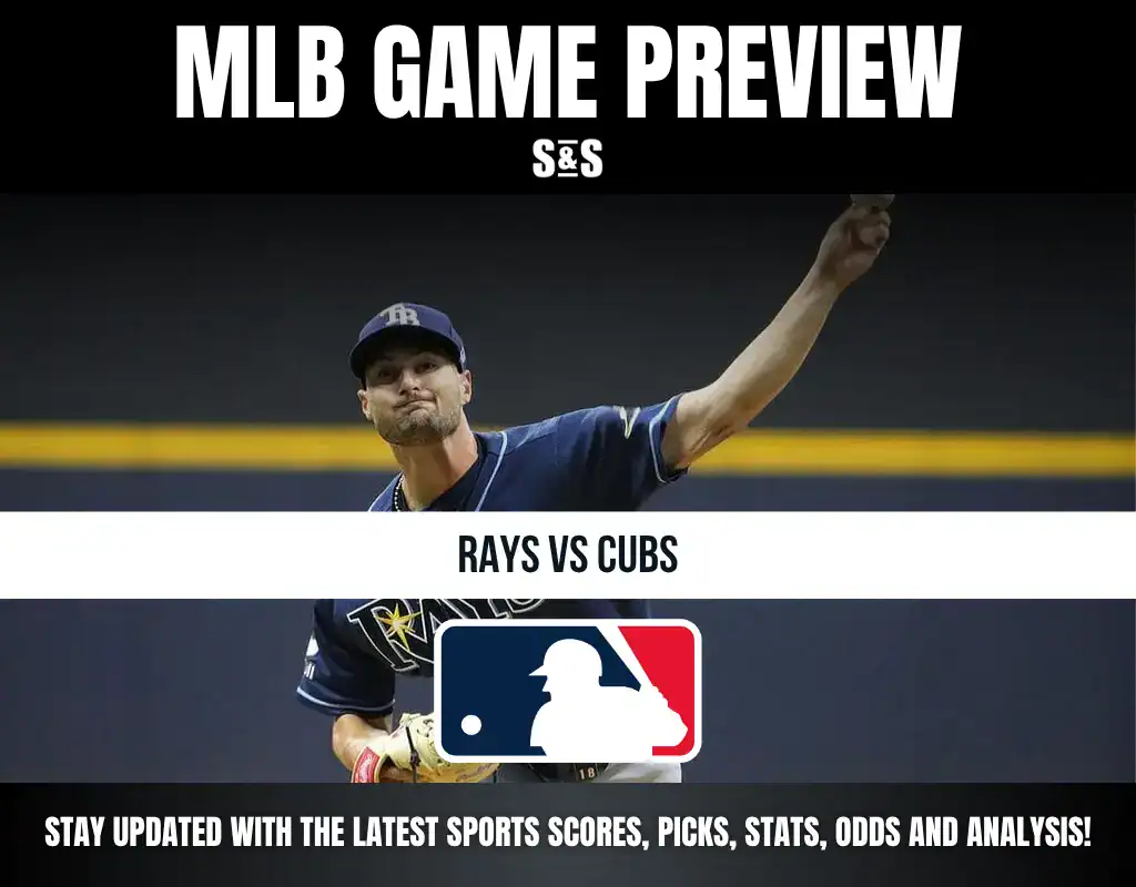 MLB Game Preview featuring a matchup between the Rays and Cubs, with a note to stay updated on sports scores, picks, stats, odds, and analysis.