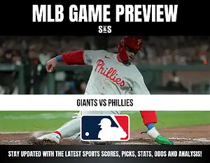 Baseball player sliding into base during a Giants vs Phillies MLB game preview with MLB logo and update info.