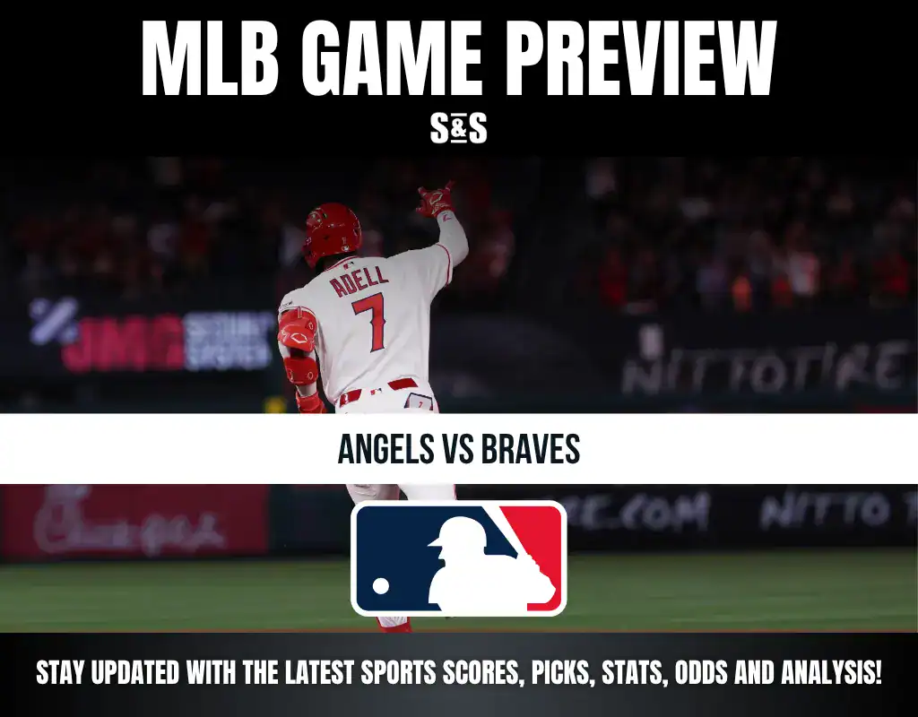 Baseball player Adell of the Angels pointing during a game preview for Angels vs Braves with MLB logo and sports update text.