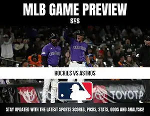 MLB game preview for Rockies vs Astros with players in purple Rockies uniforms celebrating on the field and MLB logo displayed.
